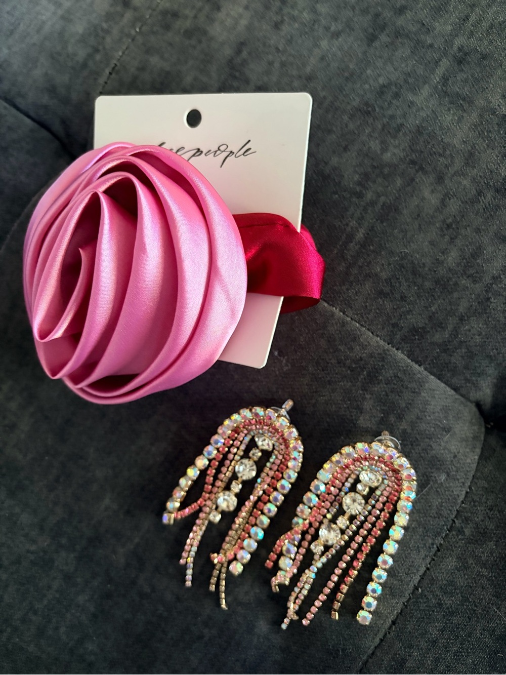 Free People Pink Satin Flower Hair tie with Matching Crystal Drop Earrings